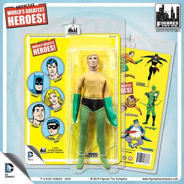 DC Comics 8 Inch Action Figures with Retro Cards: Yellow Card Aquaman With Green Gloves