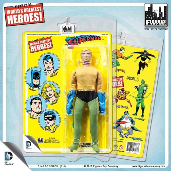 DC Comics 8 Inch Action Figures with Retro Cards: Yellow Superman Card Aquaman With Blue Gloves