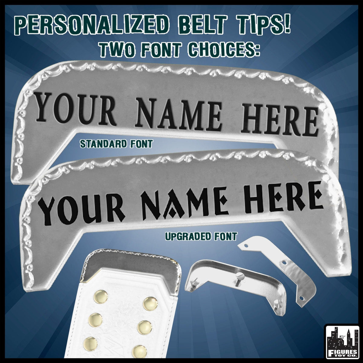 Engraved Silver Belt Tips for Adult Size WWE Championship Replica Belts