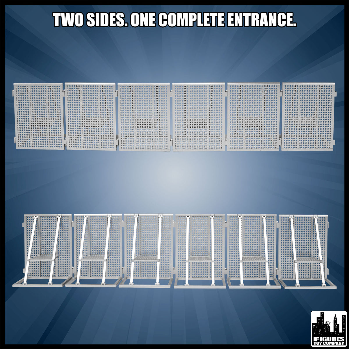 Entrance Ramp Barricade Guardrails for wrestling figures — six section views.