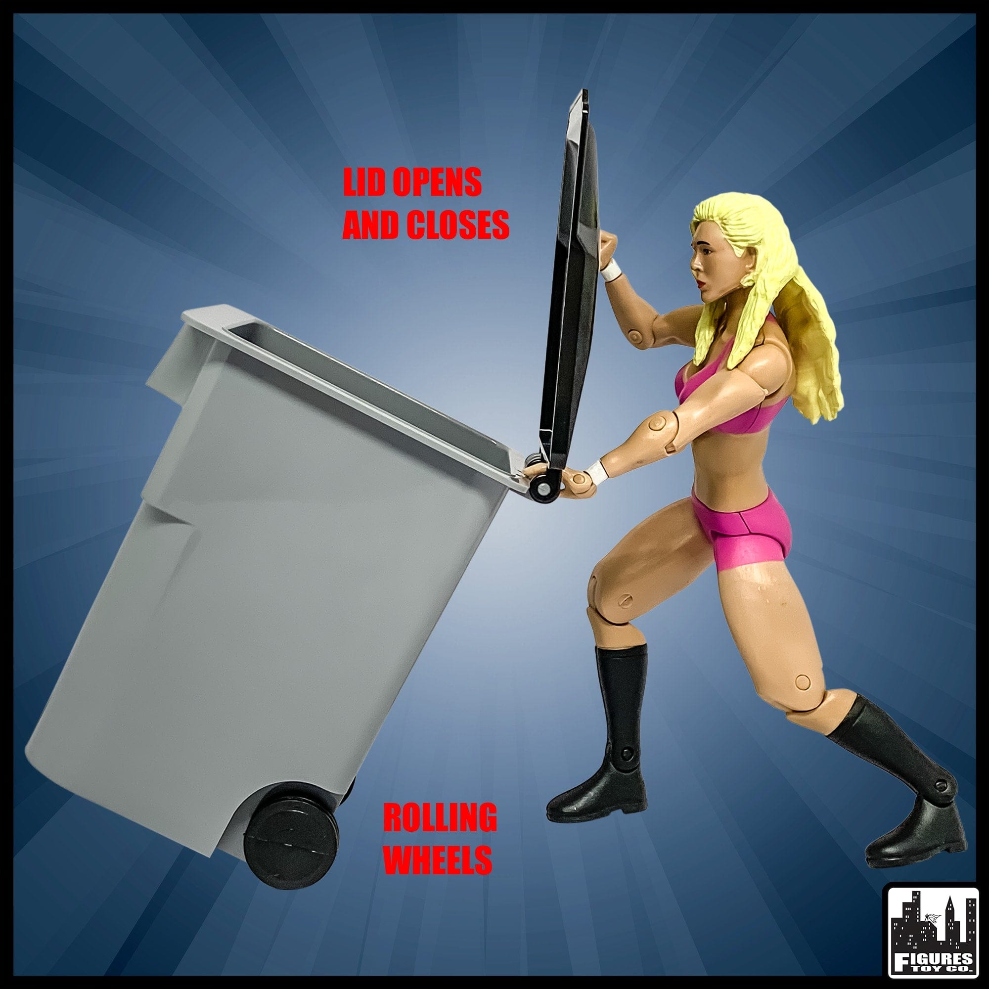 Blue Recycling Trash Can with Wheels for WWE Wrestling Action Figures