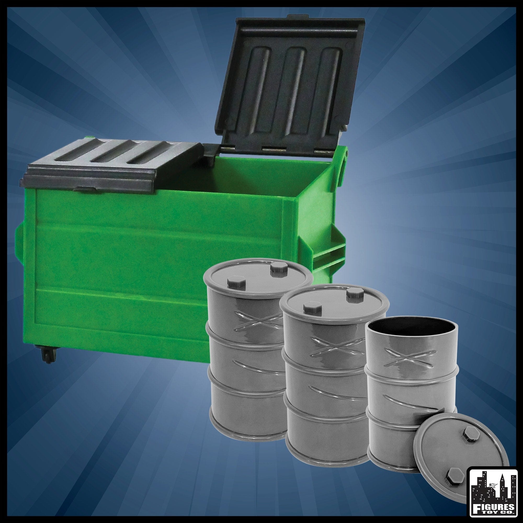 Green Dumpster & 3 Gray Oil Drums for WWE Wrestling Action Figures