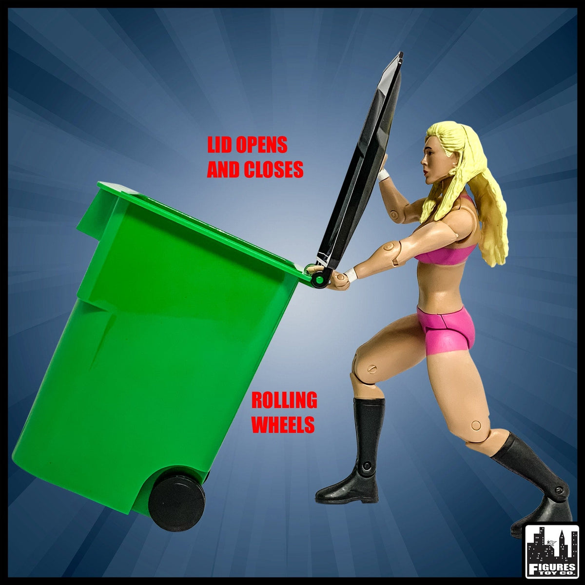 Green Dumpster &amp; 3 Green Trash Cans With Lid &amp; Wheels for WWE Wrestling Action Figures