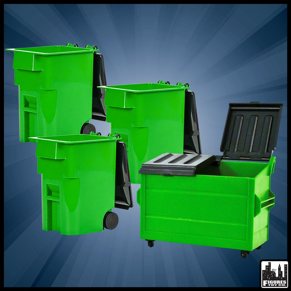 Green Dumpster &amp; 3 Green Trash Cans With Lid &amp; Wheels for WWE Wrestling Action Figures