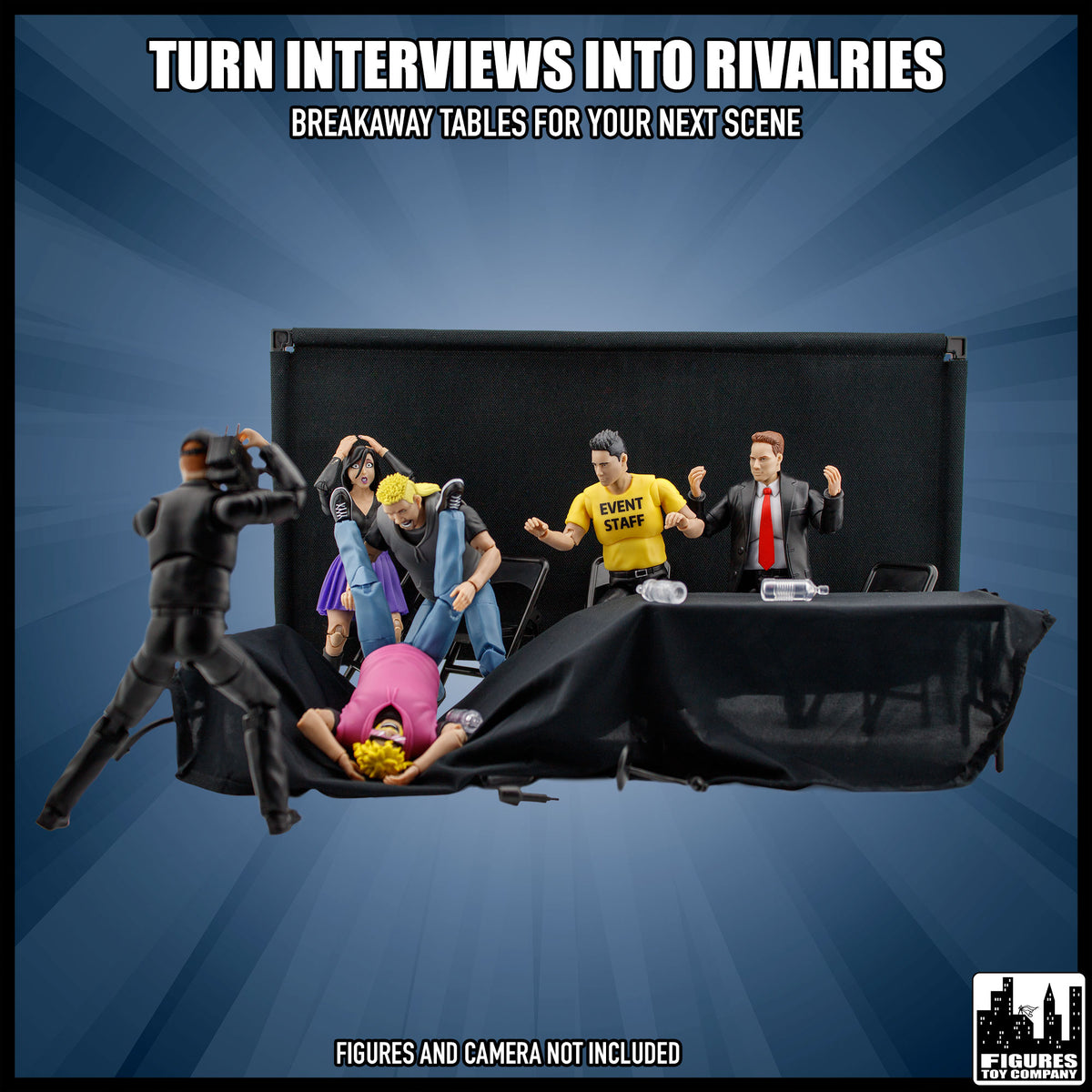 Media Scrum Accessory Set for wrestling figures — breakaway scene.