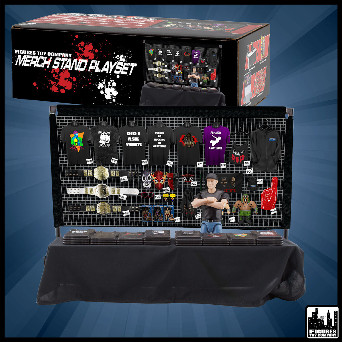 Merch Stand Accessory Set for wrestling figures — product and packaging.