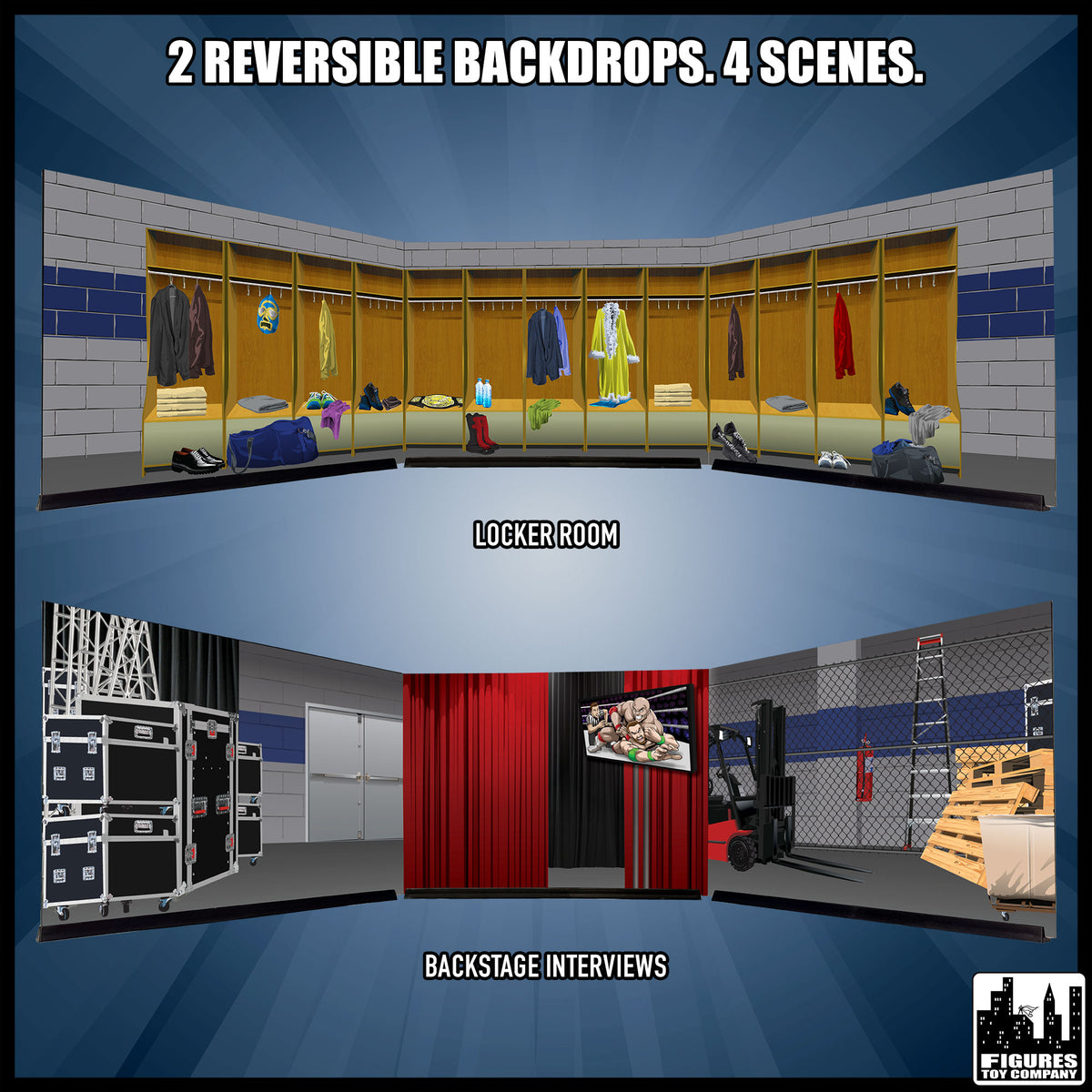 Reversible Wrestling Action Figure Backdrop Dioramas — backstage designs.