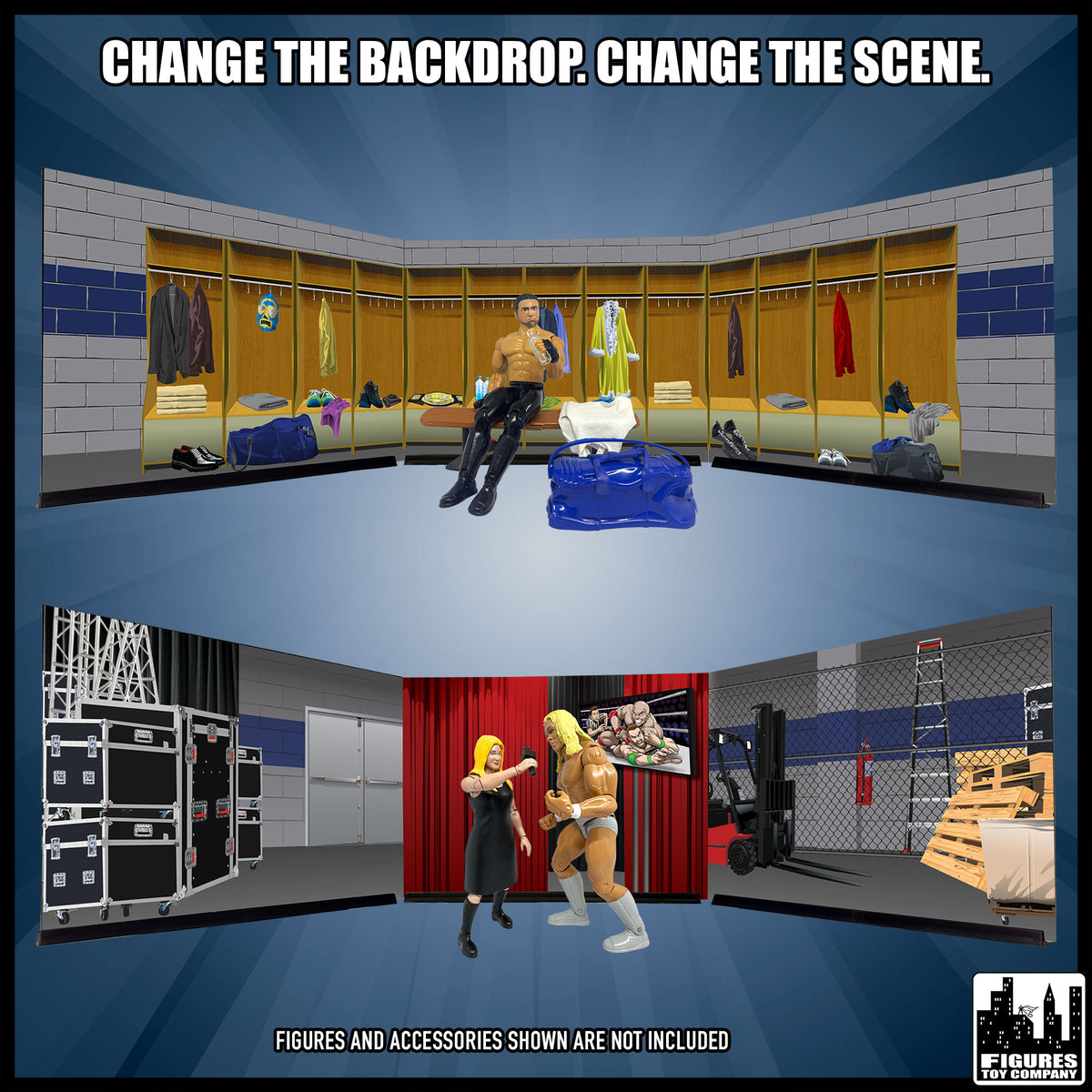 Reversible Wrestling Action Figure Backdrop Dioramas — backstage scenes.