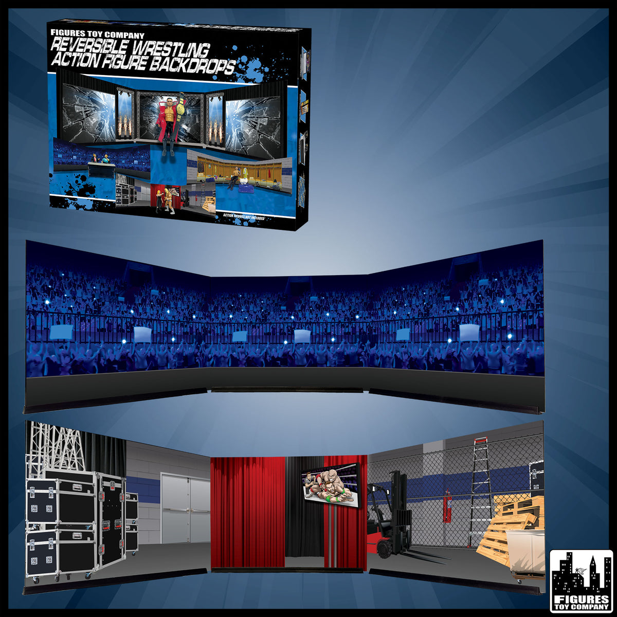Reversible Wrestling Action Figure Backdrop Dioramas — product and packaging.