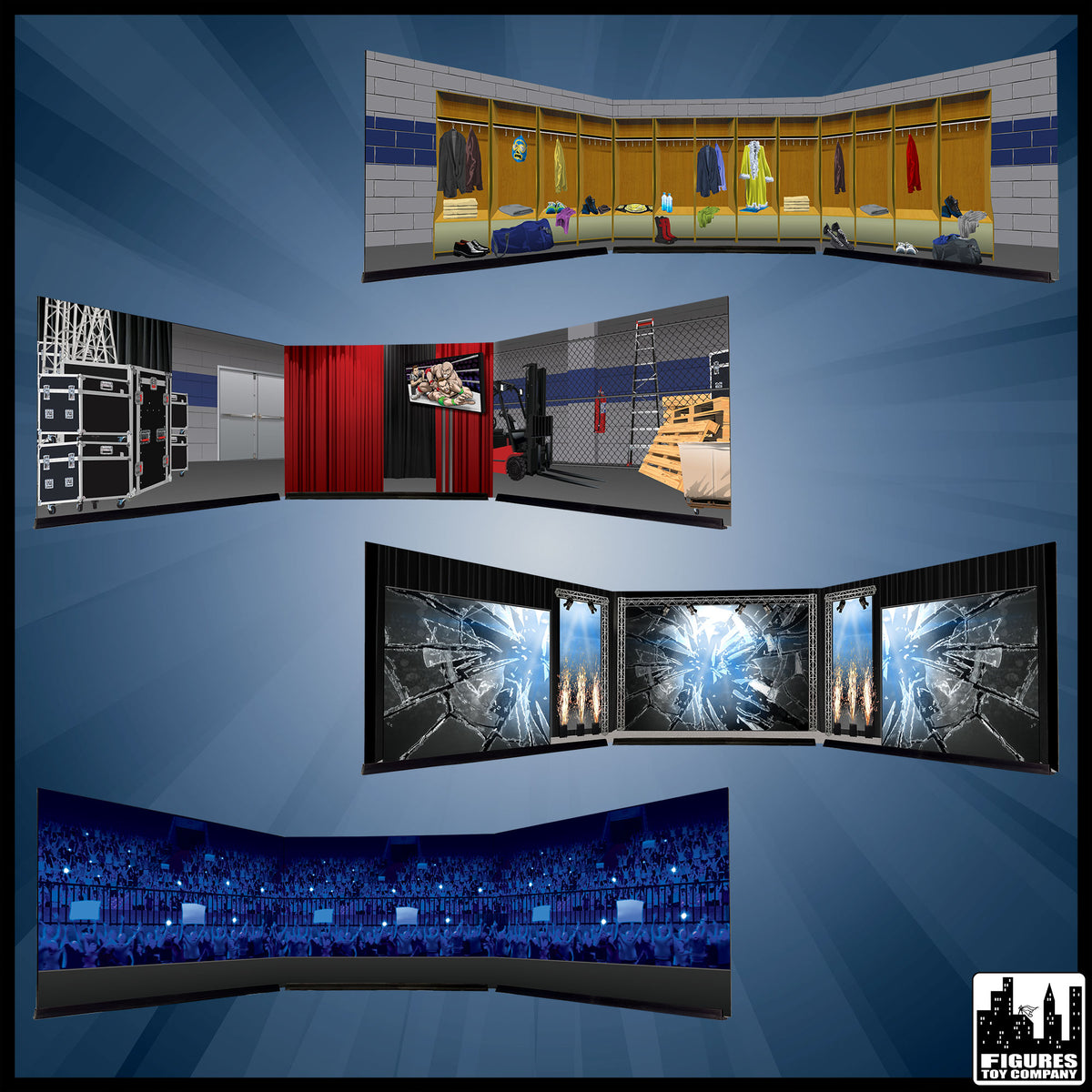 Reversible Wrestling Action Figure Backdrop Dioramas — unboxed accessory arrangement.