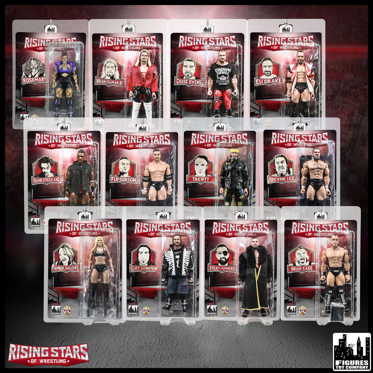 Rising Stars of Wrestling Action Figure Series: Set of 12 Figures — carded figure set.