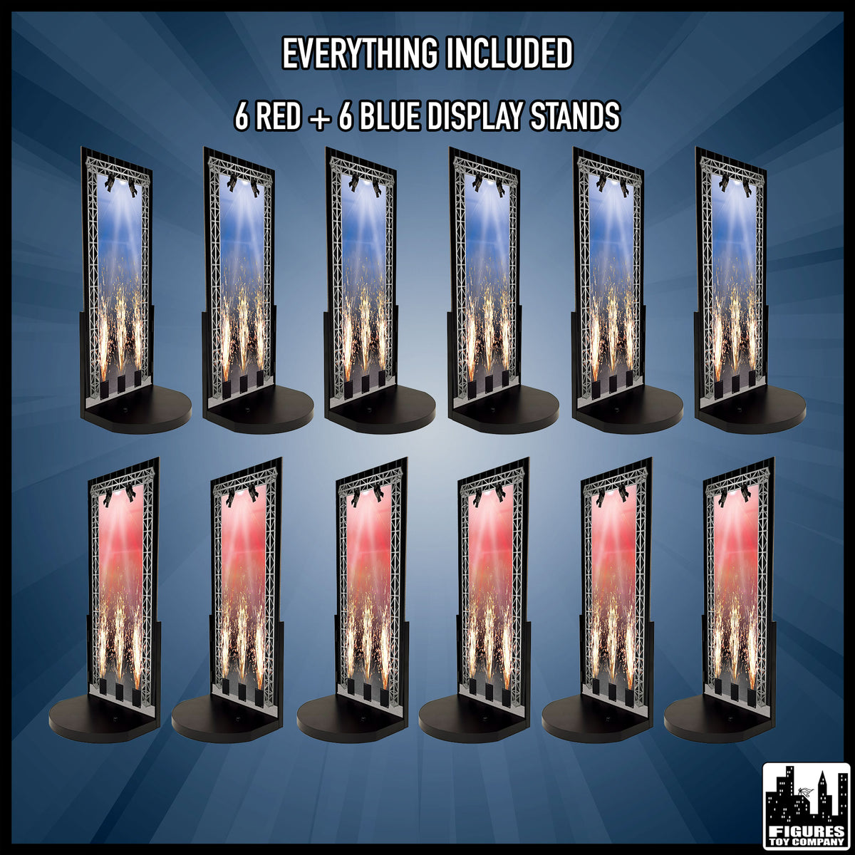 Set of 12 Display Stands for wrestling figures — included items.