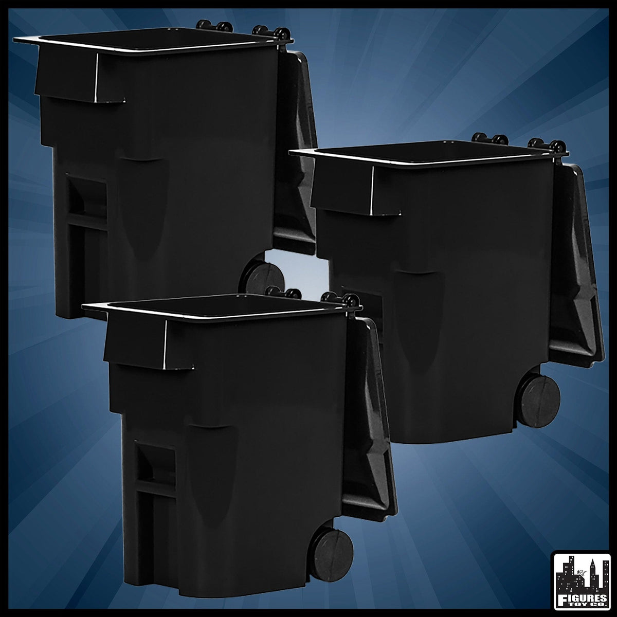 Set of 3 Black Trash Cans With Lid &amp; Wheels for WWE Wrestling Action Figures