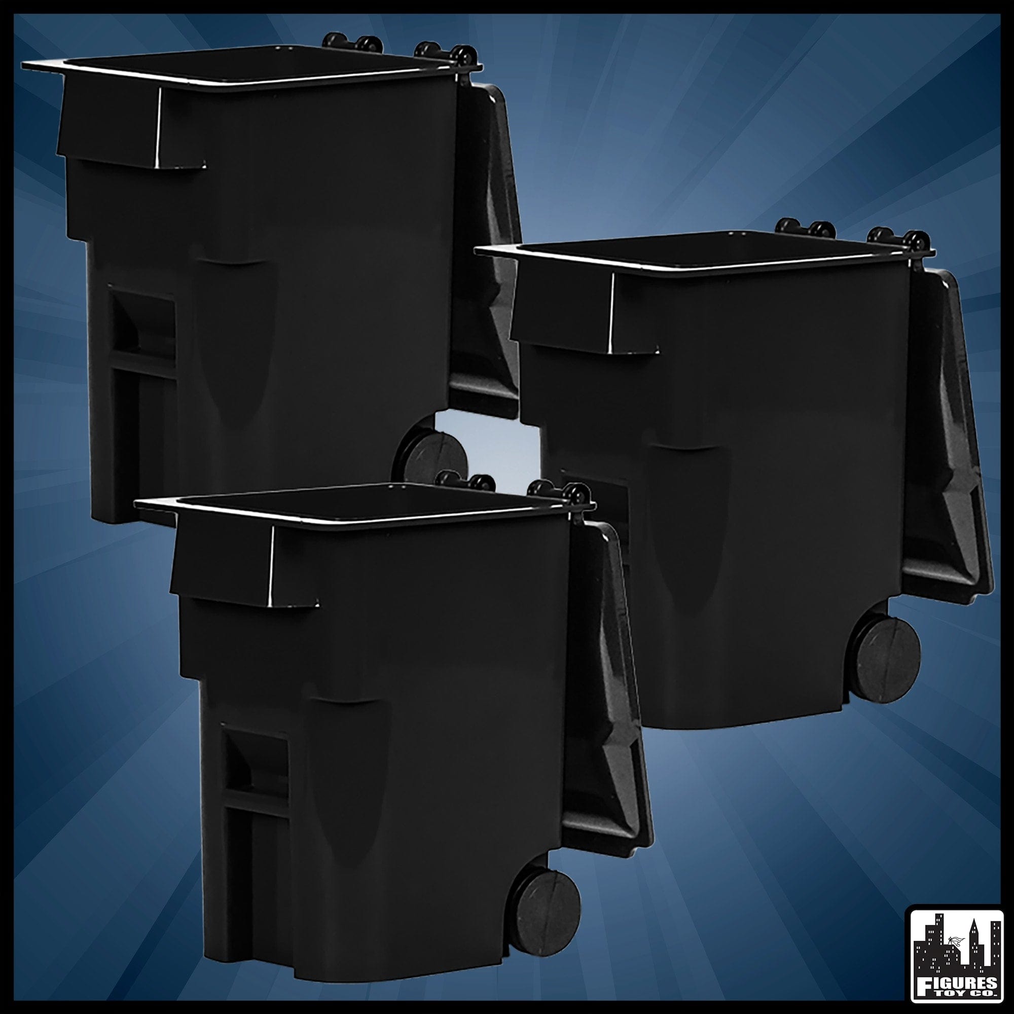 Set of 3 Black Trash Cans With Lid & Wheels for WWE Wrestling Action Figures