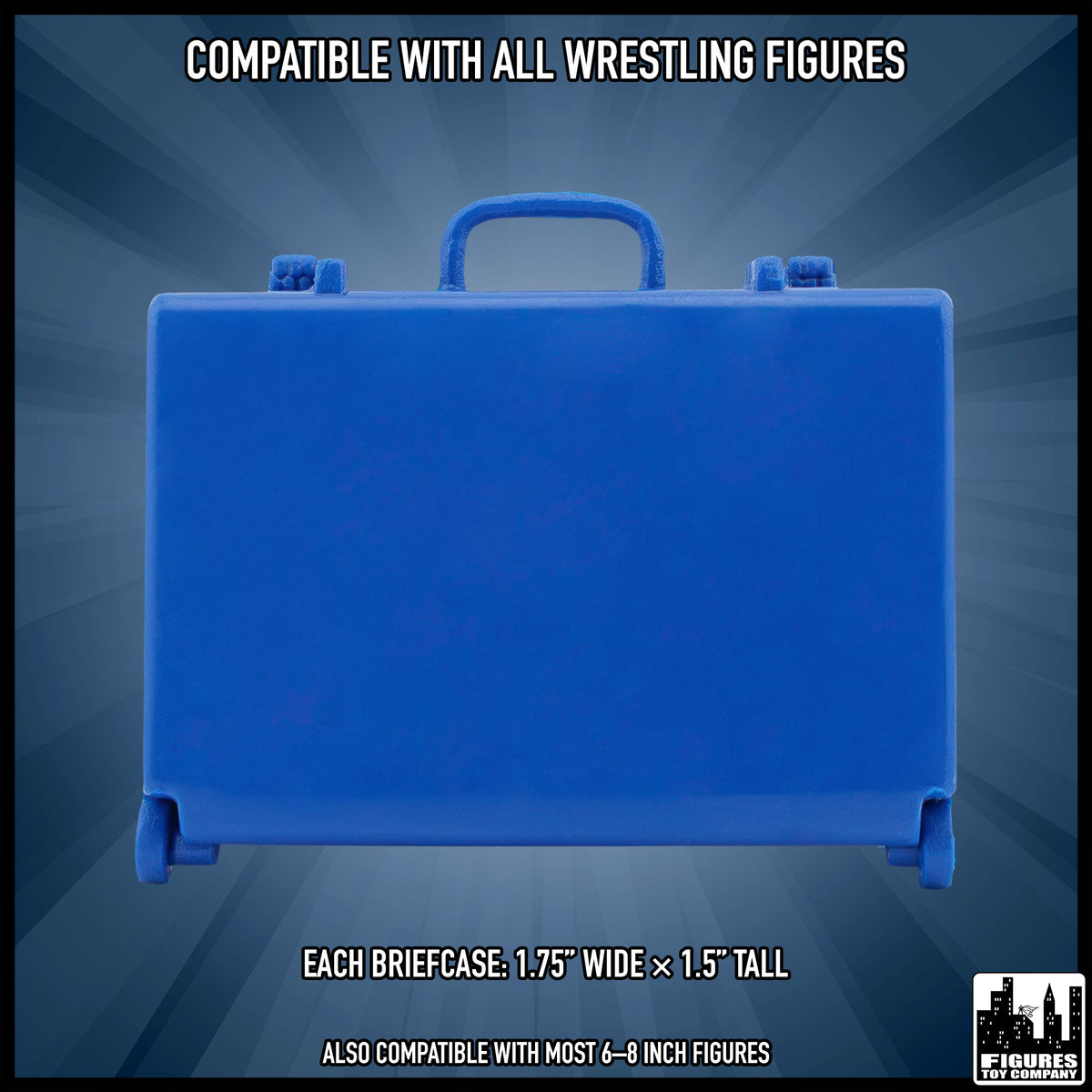 Set of 3 Blue Briefcases for wrestling figures — dimension guide.