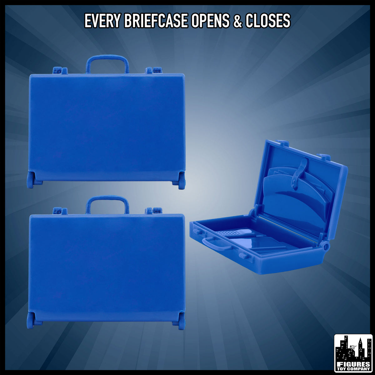 Set of 3 Blue Briefcases for wrestling figures — opening feature.