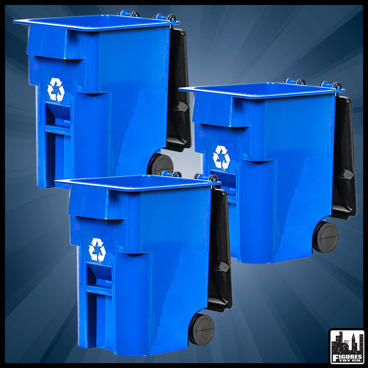 Set of 3 Blue Recycling Trash Cans With Lid &amp; Wheels for WWE Wrestling Action Figures