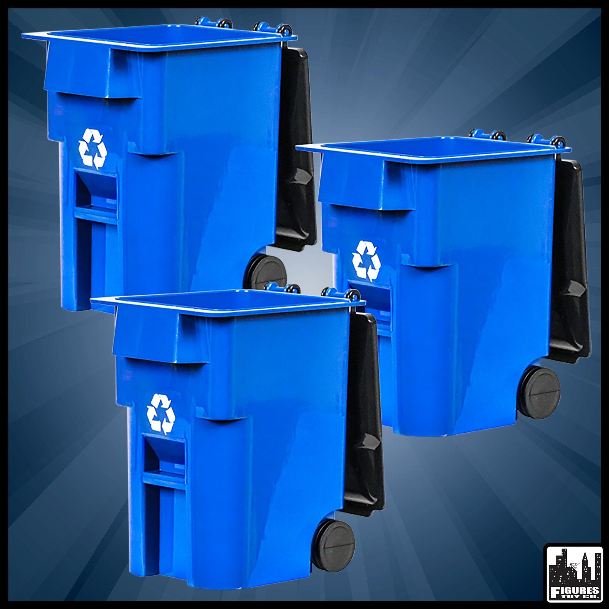 Set of 3 Blue Recycling Trash Cans With Lid & Wheels for WWE Wrestling Action Figures