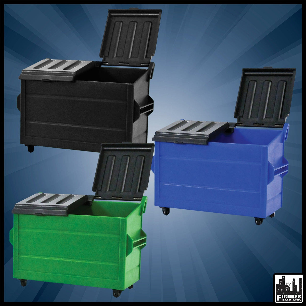 Set of 3 Dumpsters for WWE Wrestling Action Figures: Blue, Black &amp; Green