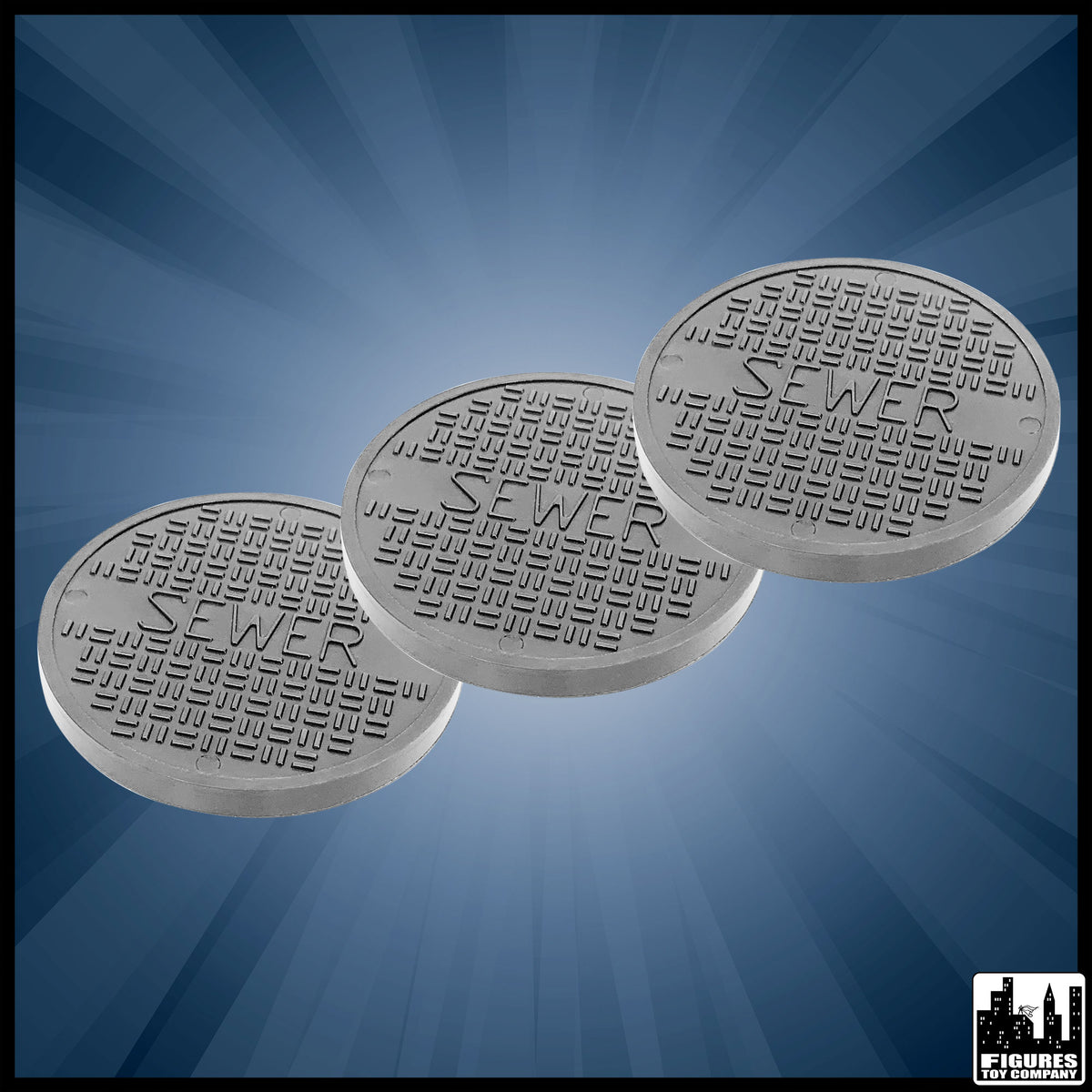 Set of 3 Gray Sewer Grates for wrestling figures — product view.