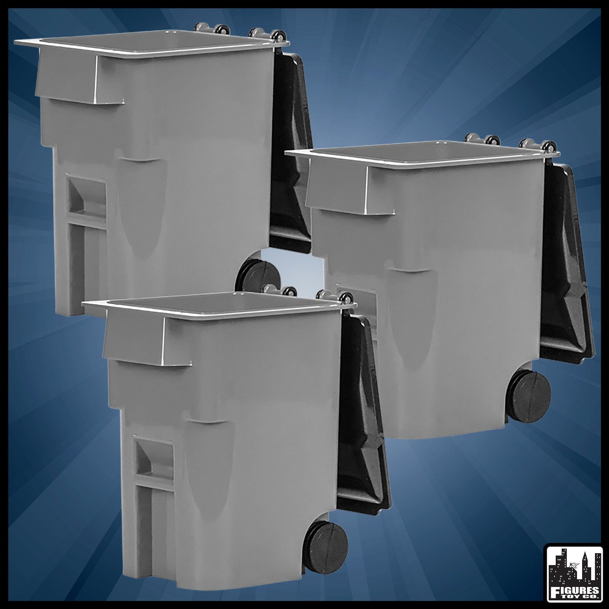 Set of 3 Gray Trash Cans With Lid & Wheels for WWE Wrestling Action Figures