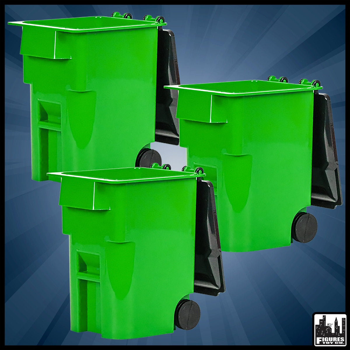 Set of 3 Green Trash Cans With Lid &amp; Wheels for WWE Wrestling Action Figures