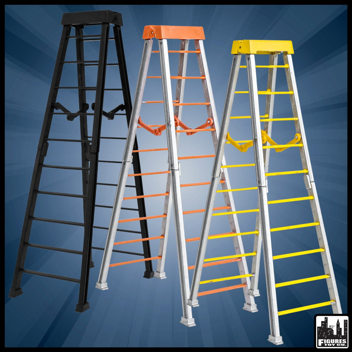 Set of 3 Large 10 Inch Breakaway Ladders: Black, Orange, Yellow for WWE Wrestling Action Figures