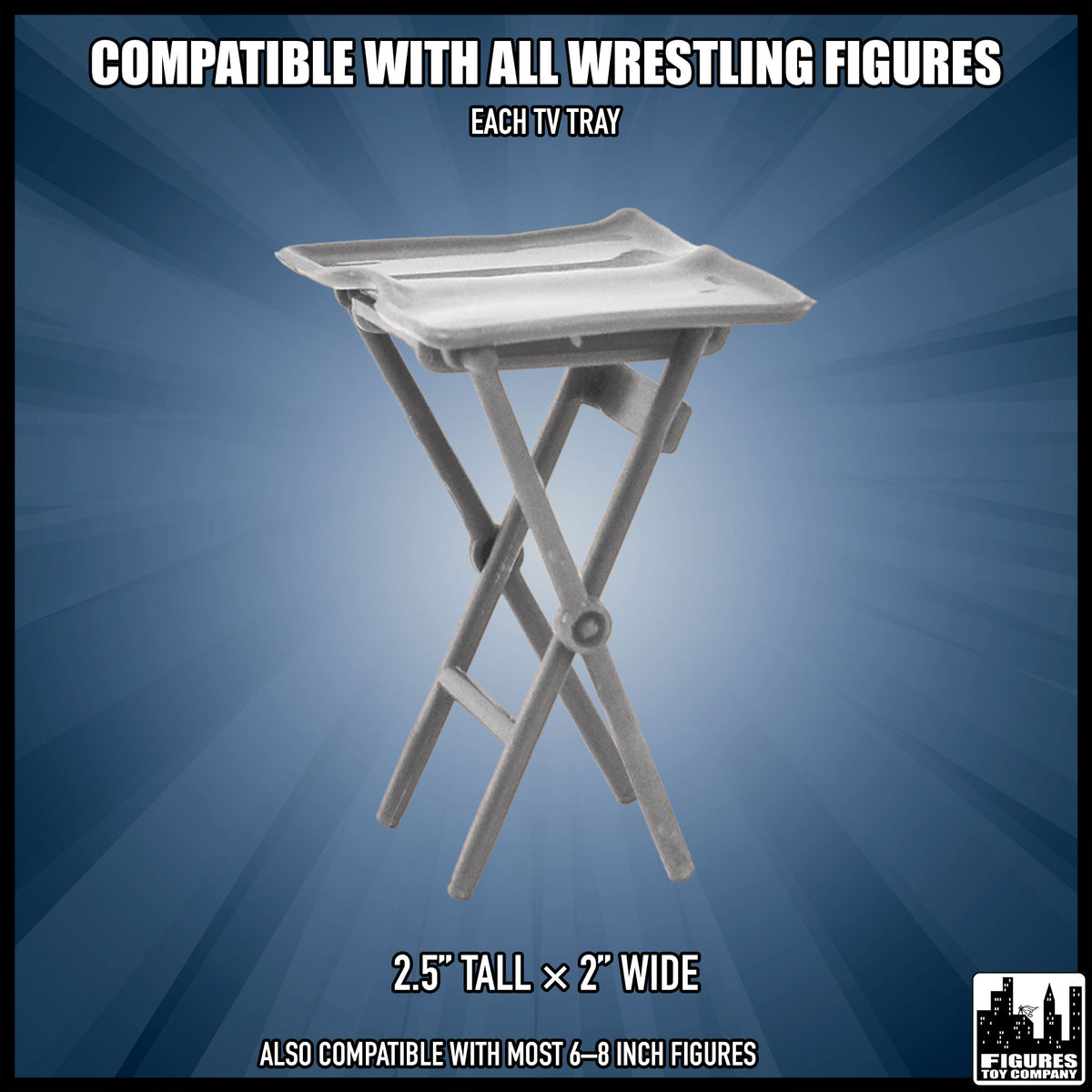Set of 3 Silver TV Trays for wrestling figures — dimension guide.