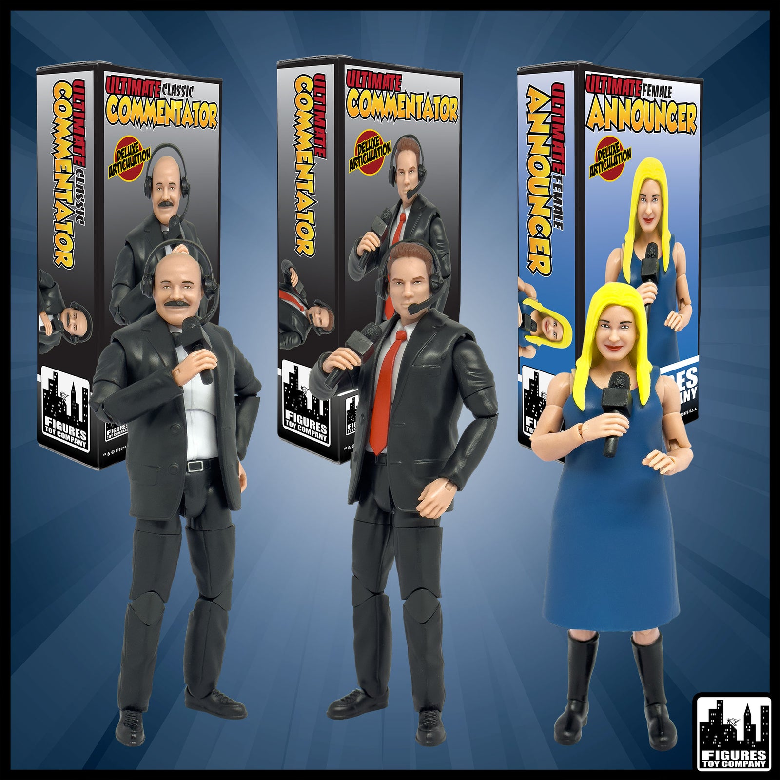 Set of 3 Ultimate Commentators With Deluxe Articulation for wrestling figures — product view.