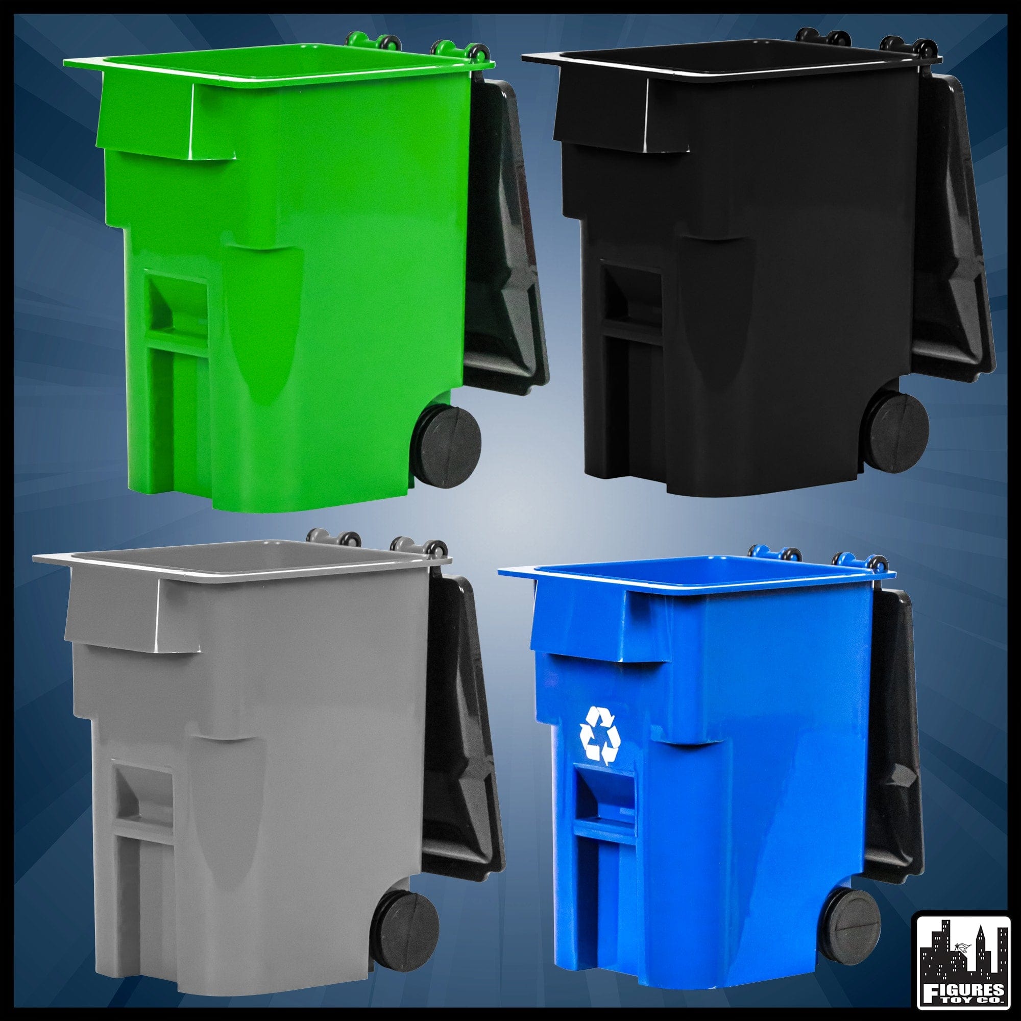Set of 4 Trash & Recycling Cans With Lid & Wheels for WWE Wrestling Action Figures