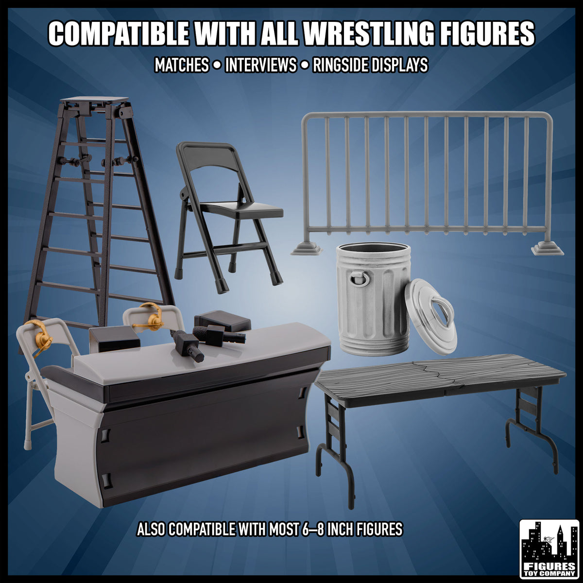 Set of 5 Accessories & Black Commentator Table for wrestling figures — compatibility guide.
