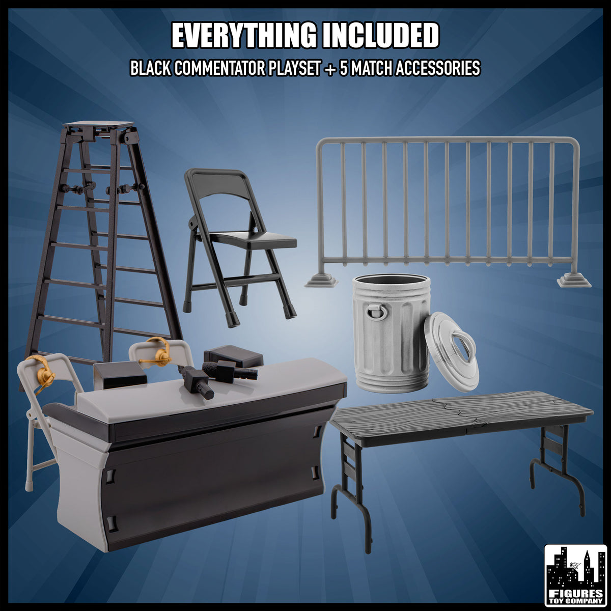 Set of 5 Accessories & Black Commentator Table for wrestling figures — included items.