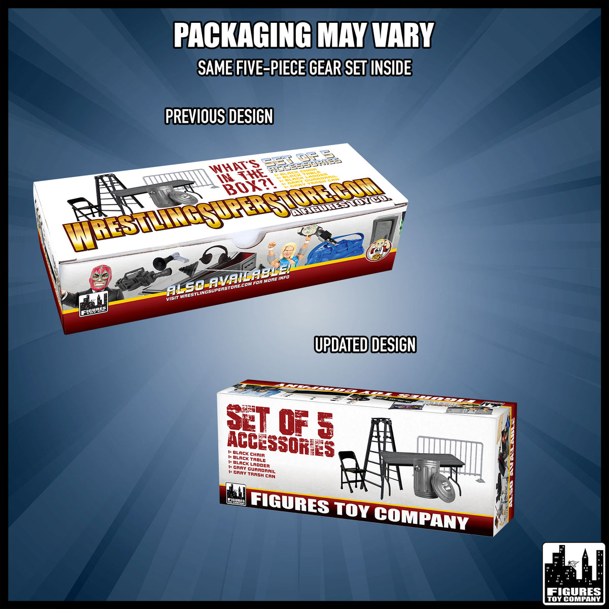 Set of 5 Accessories & Black Commentator Table for wrestling figures — packaging design comparison.