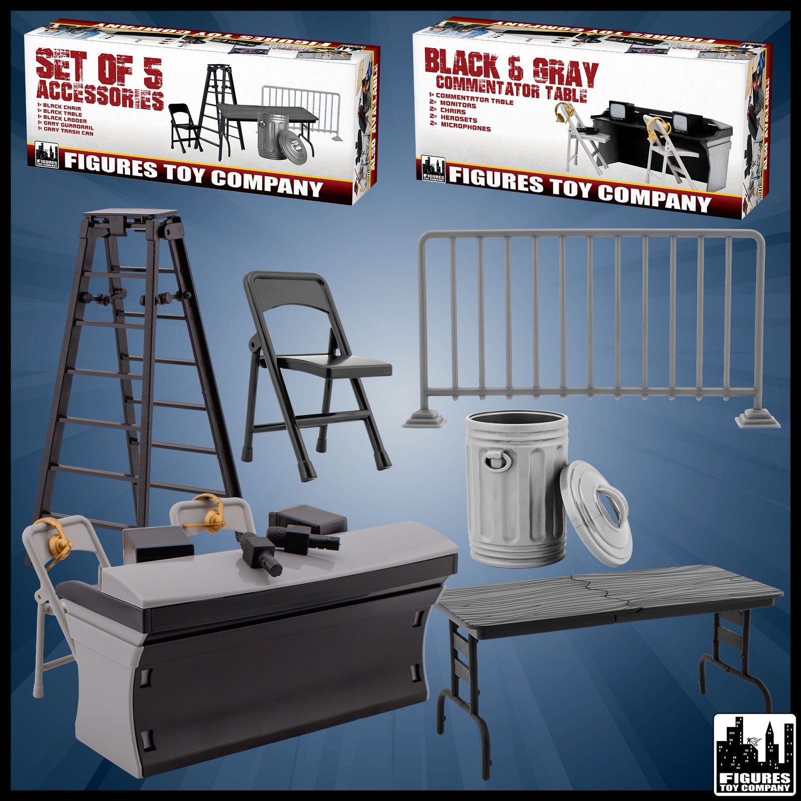 Set of 5 Accessories & Black Commentator Table for wrestling figures — product and packaging.