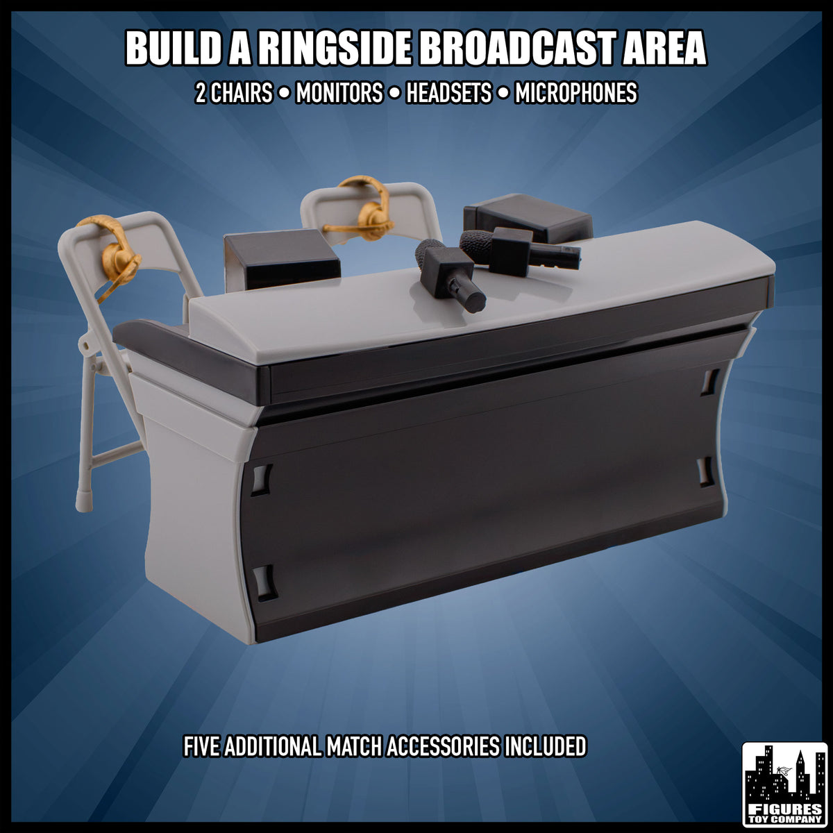 Set of 5 Accessories & Black Commentator Table for wrestling figures — ringside broadcast.