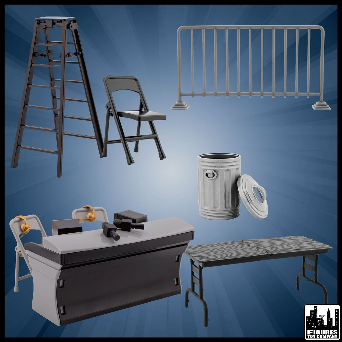 Set of 5 Accessories & Black Commentator Table for wrestling figures — unboxed accessory arrangement.