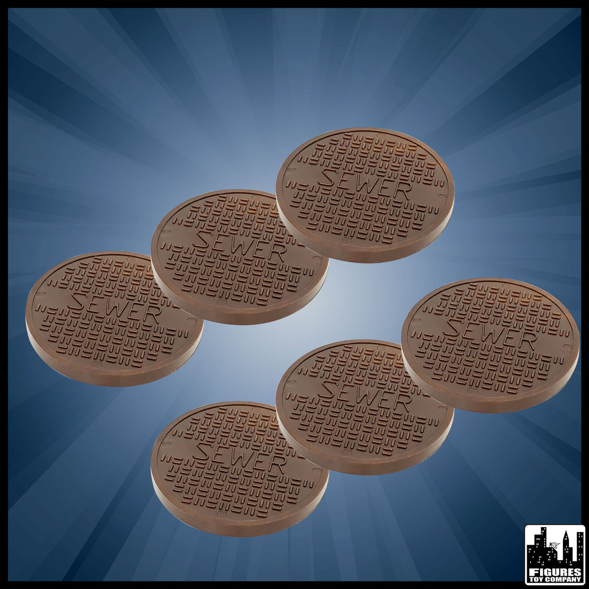 Set of 6 Copper Sewer Grates for wrestling figures — product view.