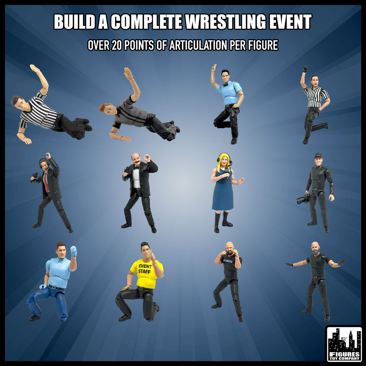 Set of all 12 Ultimate Wrestling Action Figures With Deluxe Articulation — display scene.