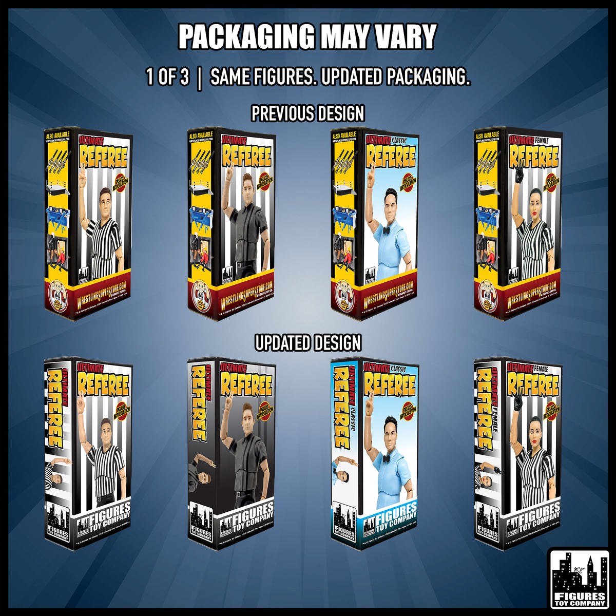 Set of all 12 Ultimate Wrestling Action Figures With Deluxe Articulation — packaging design comparison, part 1 of 3.