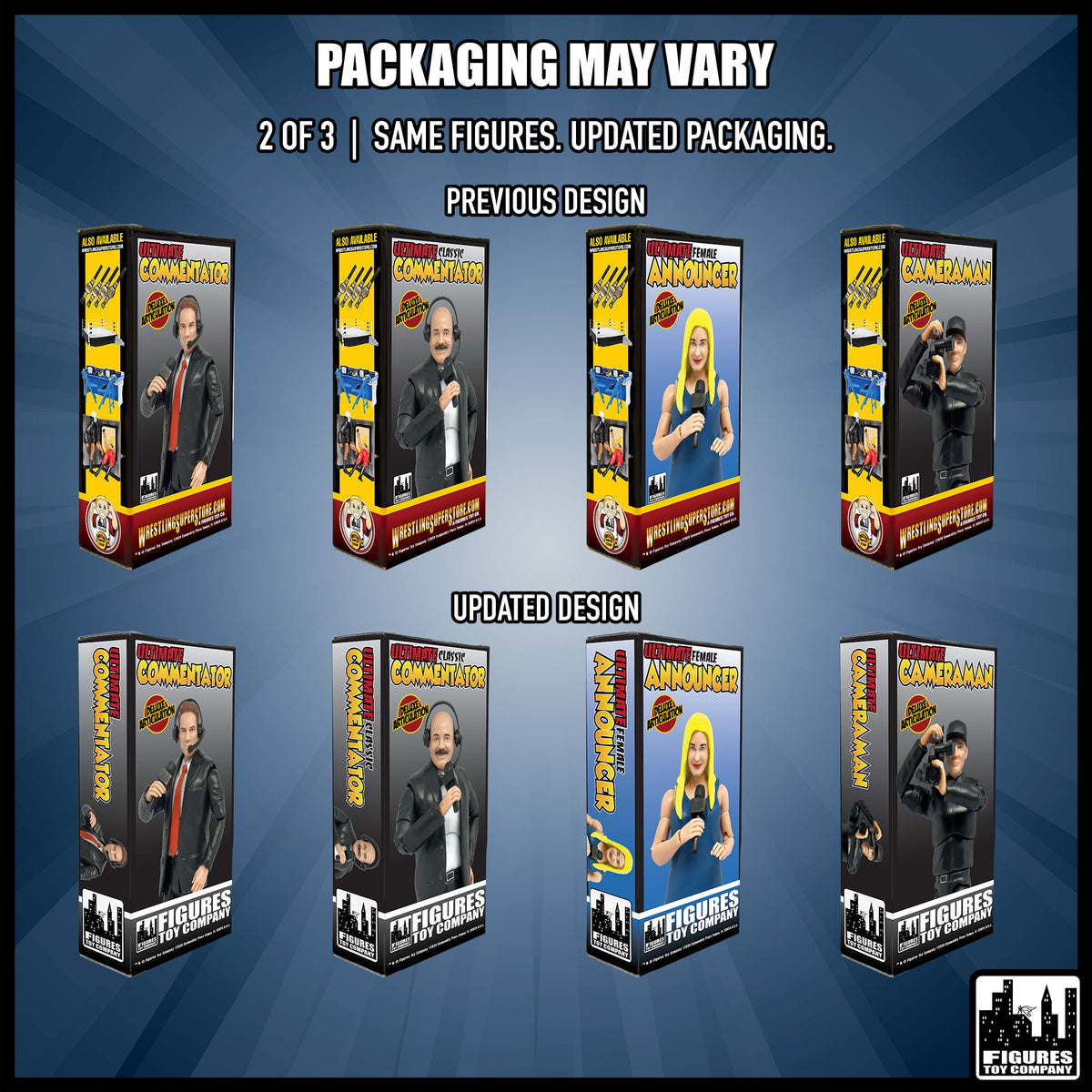 Set of all 12 Ultimate Wrestling Action Figures With Deluxe Articulation — packaging design comparison, part 2 of 3.