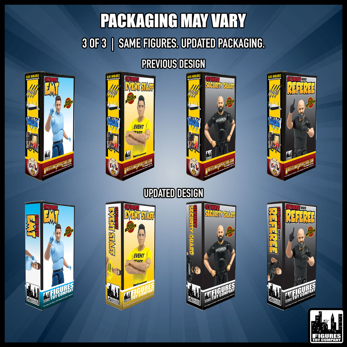Set of all 12 Ultimate Wrestling Action Figures With Deluxe Articulation — packaging design comparison, part 3 of 3.