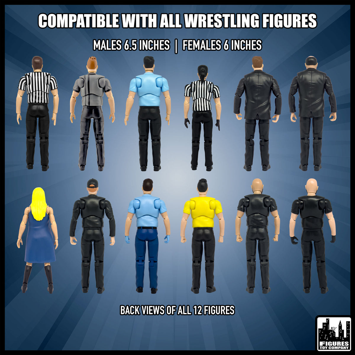 Set of all 12 Ultimate Wrestling Action Figures With Deluxe Articulation — size compatibility back views.