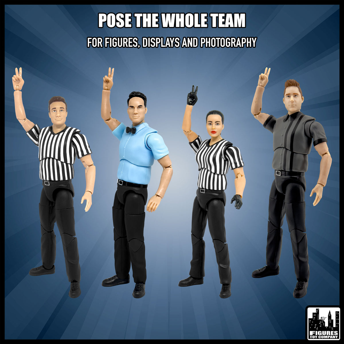 Set of Four Ultimate Referees With Deluxe Articulation for wrestling figures — alternate poses.