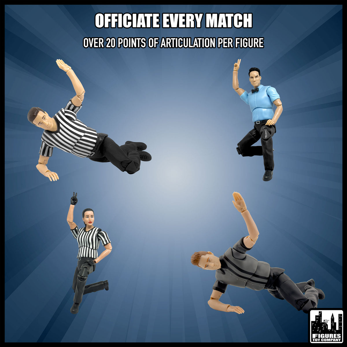 Set of Four Ultimate Referees With Deluxe Articulation for wrestling figures — display scene.