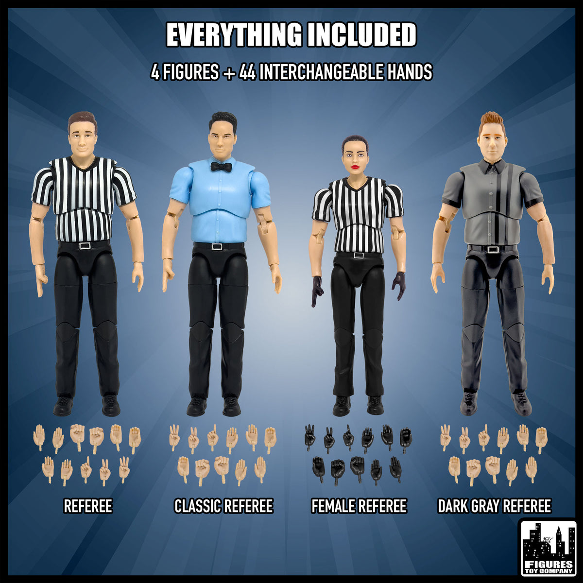 Set of Four Ultimate Referees With Deluxe Articulation for wrestling figures — included items.