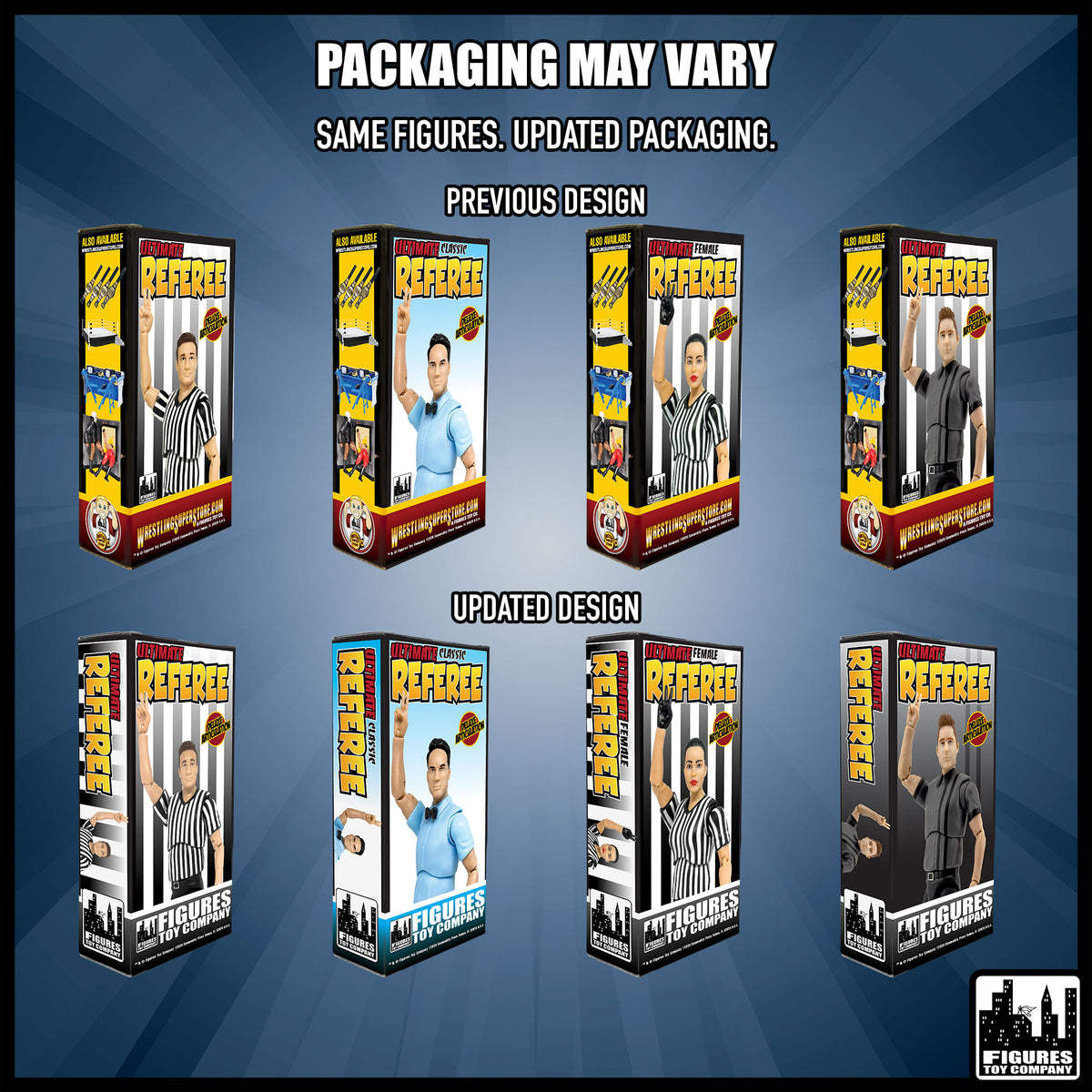 Set of Four Ultimate Referees With Deluxe Articulation for wrestling figures — packaging design comparison.