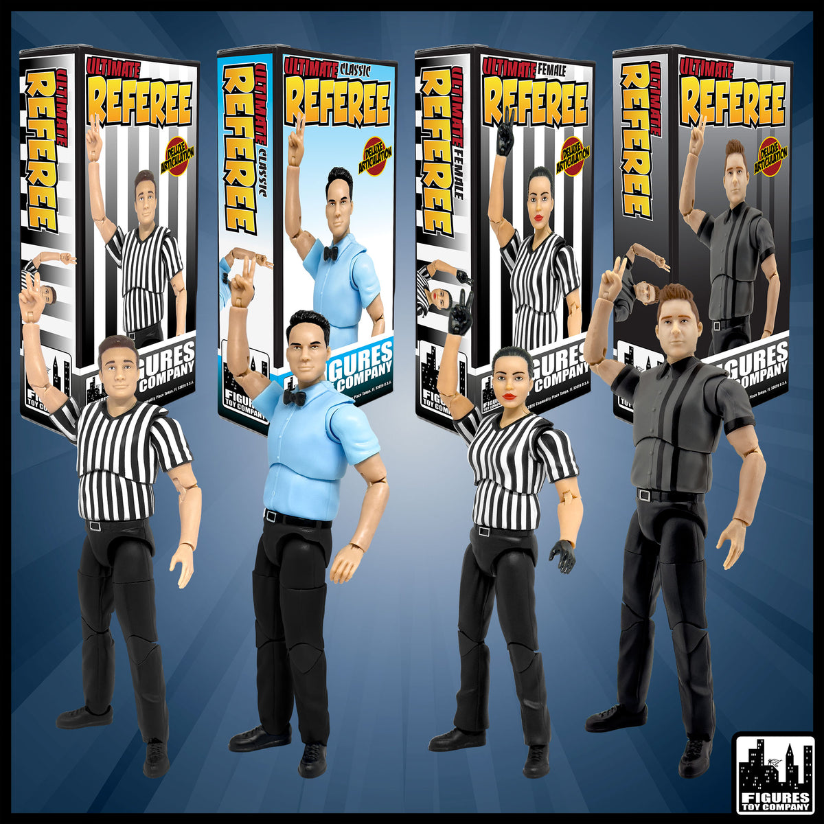 Set of Four Ultimate Referees With Deluxe Articulation for wrestling figures — product view.
