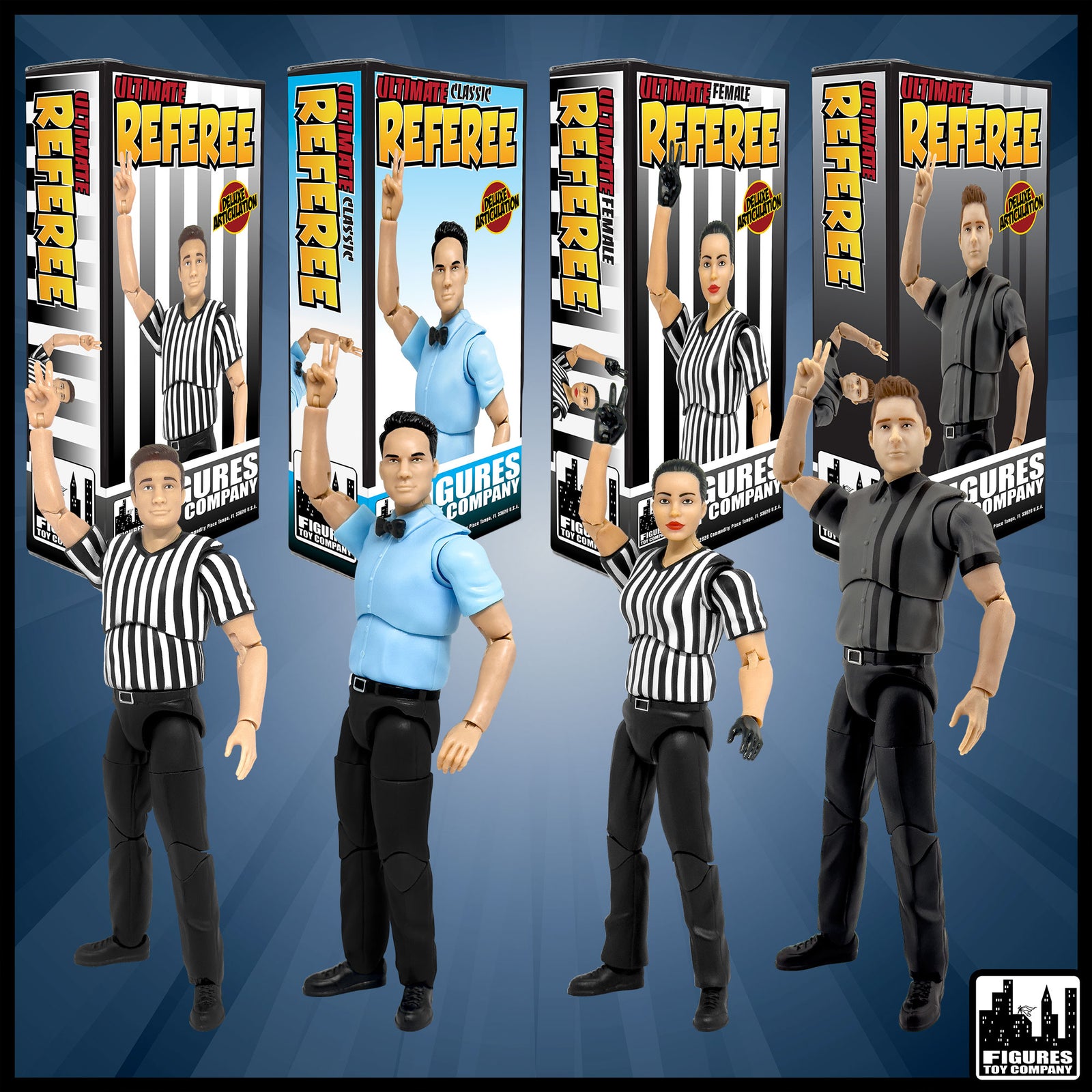 Set of Four Ultimate Referees With Deluxe Articulation for wrestling figures — product view.