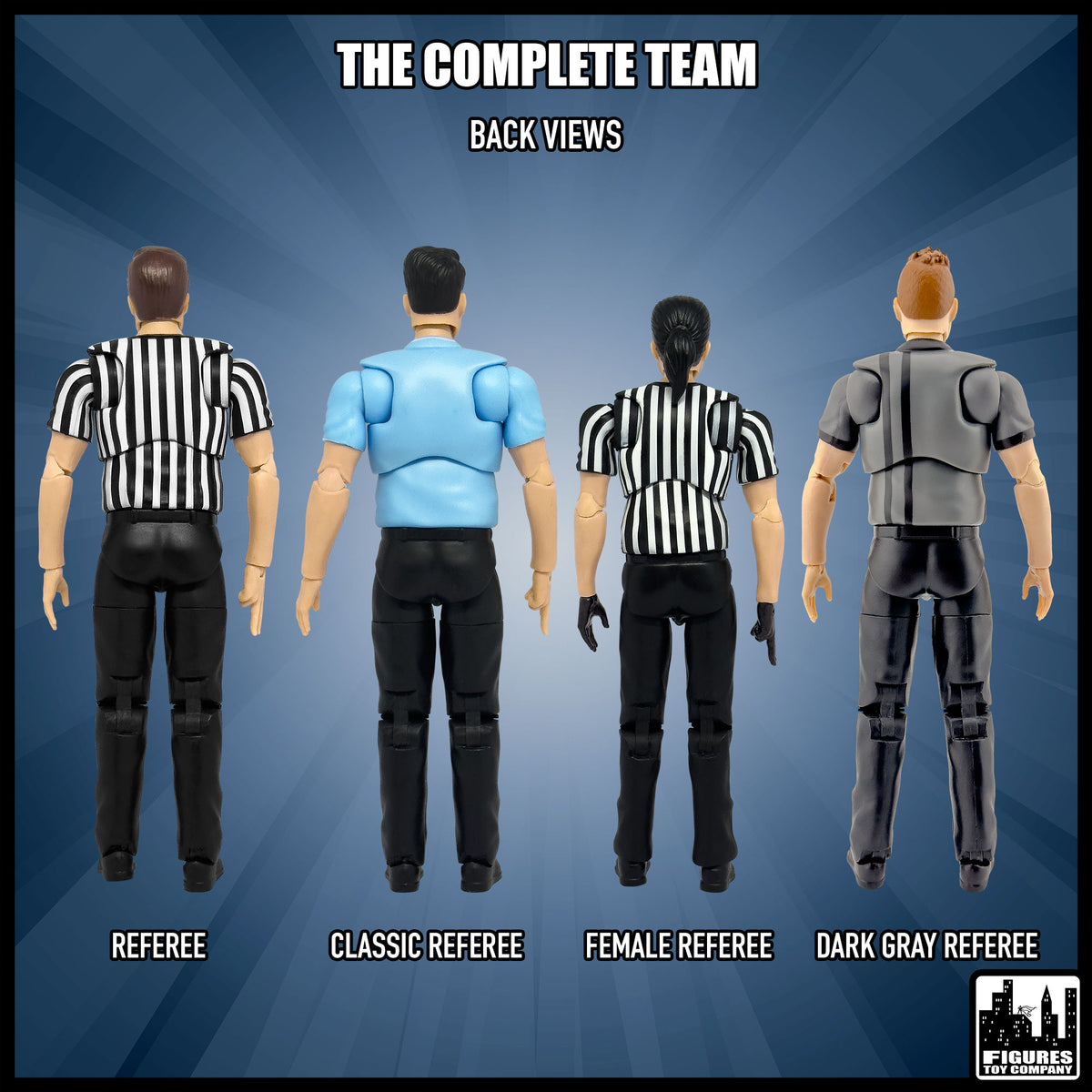 Set of Four Ultimate Referees With Deluxe Articulation for wrestling figures — rear views.