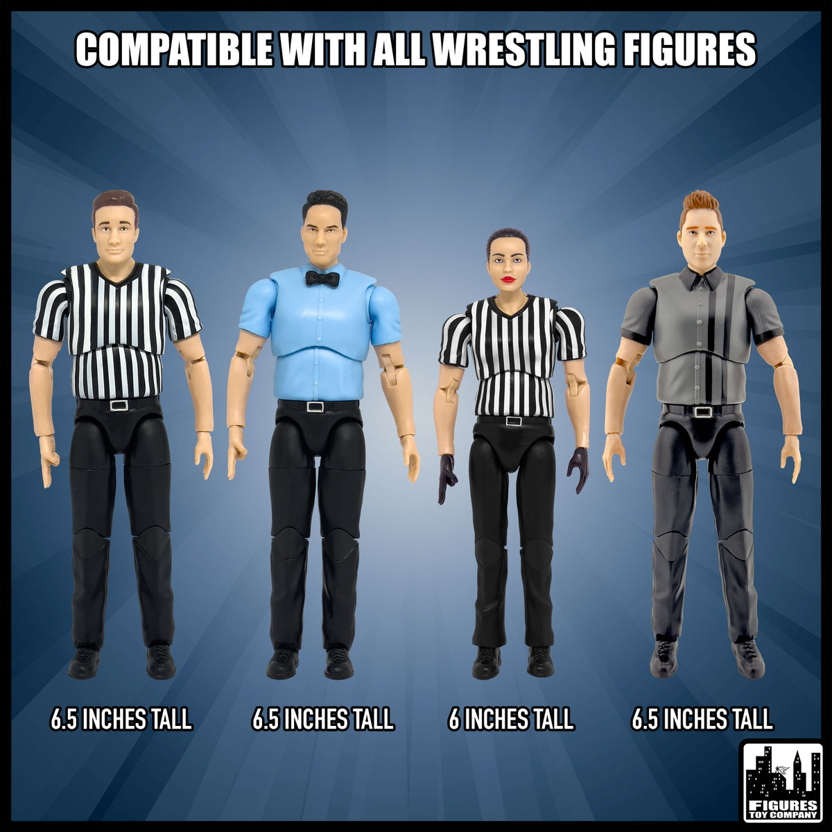 Set of Four Ultimate Referees With Deluxe Articulation for wrestling figures — size and compatibility guide.